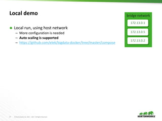27 © Hortonworks Inc. 2011 – 2017. All Rights Reserved
Local demo
 Local run, using host network
– More configuration is needed
– Auto scaling is supported
– https://github.com/elek/bigdata-docker/tree/master/compose
bridge network
172.13.0.1
172.13.0.5
172.13.0.2
 