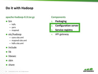 28 © Hortonworks Inc. 2011 – 2017. All Rights Reserved
 bin
– hdfs
– yarn
– mapred
 etc/hadoop
– core-site.xml
– mapred-site.xml
– hdfs-site.xml
 include
 lib
 libexec
 sbin
 share
apache-hadoop-X.X.tar.gz
1. Packaging
2. Configuration server
3. Service registry
4. API gateway
Components
Do it with Hadoop
 