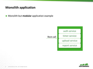 8 © Hortonworks Inc. 2011 – 2017. All Rights Reserved
Monolith application
 Monolith but modular application example
auth service
timer service
upload service
report service
Rest call
 