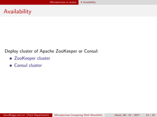 Microservices in action 4 Availability
Availability
Deploy cluster of Apache ZooKeeper or Consul:
ZooKeeper cluster
Consul cluster
loivx@vega.com.vn (Tech Department) Microservices Comparing With Monolithic Hanoi, 06 - 01 - 2017 14 / 24
 