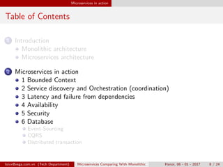 Microservices in action
Table of Contents
1 Introduction
Monolithic architecture
Microservices architecture
2 Microservices in action
1 Bounded Context
2 Service discovery and Orchestration (coordination)
3 Latency and failure from dependencies
4 Availability
5 Security
6 Database
Event-Sourcing
CQRS
Distributed transaction
loivx@vega.com.vn (Tech Department) Microservices Comparing With Monolithic Hanoi, 06 - 01 - 2017 8 / 24
 