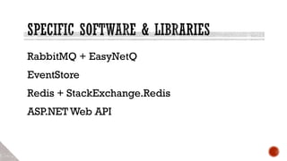RabbitMQ + EasyNetQ
EventStore
Redis + StackExchange.Redis
ASP.NET Web API
 
