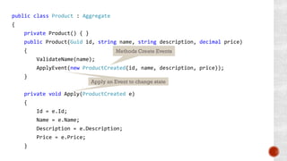 public class Product : Aggregate
{
private Product() { }
public Product(Guid id, string name, string description, decimal price)
{
ValidateName(name);
ApplyEvent(new ProductCreated(id, name, description, price));
}
private void Apply(ProductCreated e)
{
Id = e.Id;
Name = e.Name;
Description = e.Description;
Price = e.Price;
}
Methods Create Events
Apply an Event to change stateApply an Event to change state
 