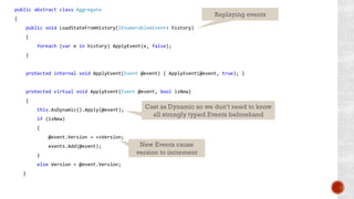 public abstract class Aggregate
{
public void LoadStateFromHistory(IEnumerable<Event> history)
{
foreach (var e in history) ApplyEvent(e, false);
}
protected internal void ApplyEvent(Event @event) { ApplyEvent(@event, true); }
protected virtual void ApplyEvent(Event @event, bool isNew)
{
this.AsDynamic().Apply(@event);
if (isNew)
{
@event.Version = ++Version;
events.Add(@event);
}
else Version = @event.Version;
}
Cast as Dynamic so we don’t need to know
all strongly typed Events beforehand
New Events cause
version to increment
Replaying events
 