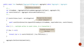 public async Task SaveAsync<TAggregate>(TAggregate aggregate) where TAggregate : Aggregate
{
//...
var streamName = AggregateIdToStreamName(aggregate.GetType(), aggregate.Id);
var eventsToPublish = aggregate.GetUncommittedEvents();
//...
if (eventsToSave.Count < WritePageSize)
{
await eventStoreConnection.AppendToStreamAsync(streamName, expectedVersion, eventsToSave);
}
else { //... multiple writes to event store, in a transaction }
if (bus != null)
{
foreach (var e in eventsToPublish) { bus.Publish(e); }
}
aggregate.MarkEventsAsCommitted();
}
Repository method
Persist via the event
store “adapter”
Publish events onto
the bus
 