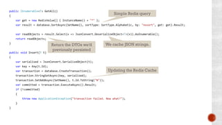 public IEnumerable<T> GetAll()
{
var get = new RedisValue[] { InstanceName() + "*" };
var result = database.SortAsync(SetName(), sortType: SortType.Alphabetic, by: "nosort", get: get).Result;
var readObjects = result.Select(v => JsonConvert.DeserializeObject<T>(v)).AsEnumerable();
return readObjects;
}
public void Insert(T t)
{
var serialised = JsonConvert.SerializeObject(t);
var key = Key(t.Id);
var transaction = database.CreateTransaction();
transaction.StringSetAsync(key, serialised);
transaction.SetAddAsync(SetName(), t.Id.ToString("N"));
var committed = transaction.ExecuteAsync().Result;
if (!committed)
{
throw new ApplicationException("transaction failed. Now what?");
}
}
Updating the Redis Cache
We cache JSON strings.
Simple Redis query
Return the DTOs we’d
previously persisted
 