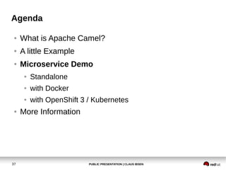 PUBLIC PRESENTATION | CLAUS IBSEN37
Agenda
● What is Apache Camel?
● A little Example
● Microservice Demo
● Standalone
● with Docker
● with OpenShift 3 / Kubernetes
● More Information
 