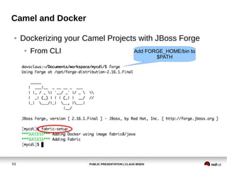 PUBLIC PRESENTATION | CLAUS IBSEN53
Camel and Docker
● Dockerizing your Camel Projects with JBoss Forge
● From CLI Add FORGE_HOME/bin to
$PATH
 