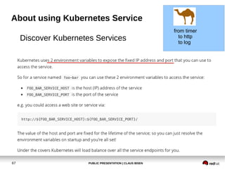 PUBLIC PRESENTATION | CLAUS IBSEN67
About using Kubernetes Service
Discover Kubernetes Services
Java Standalone
from timer
to http
to log
 