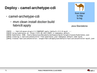 PUBLIC PRESENTATION | CLAUS IBSEN71
Deploy - camel-archetype-cdi
● camel-archetype-cdi
● mvn clean install docker:build
fabric8:apply Java Standalone
from timer
to http
to log
 
