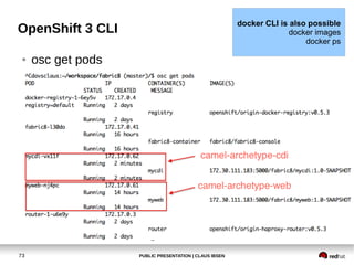PUBLIC PRESENTATION | CLAUS IBSEN73
OpenShift 3 CLI
● osc get pods
docker CLI is also possible
docker images
docker ps
 