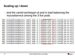 PUBLIC PRESENTATION | CLAUS IBSEN78
Scaling up / down
● and the camel-archetype-cli pod is load balancing the
mycoolservice among the 3 live pods
 