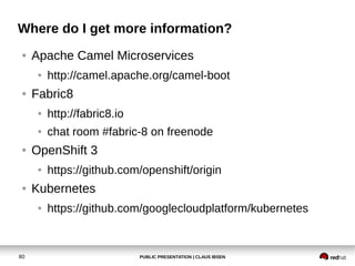 PUBLIC PRESENTATION | CLAUS IBSEN80
Where do I get more information?
● Apache Camel Microservices
● http://camel.apache.org/camel-boot
● Fabric8
● http://fabric8.io
● chat room #fabric-8 on freenode
● OpenShift 3
● https://github.com/openshift/origin
● Kubernetes
● https://github.com/googlecloudplatform/kubernetes
 