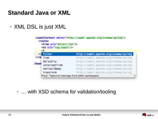 PUBLIC PRESENTATION | CLAUS IBSEN26
Standard Java or XML
● XML DSL is just XML
● … with XSD schema for validation/tooling
 