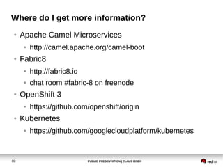 PUBLIC PRESENTATION | CLAUS IBSEN80
Where do I get more information?
● Apache Camel Microservices
● http://camel.apache.or...