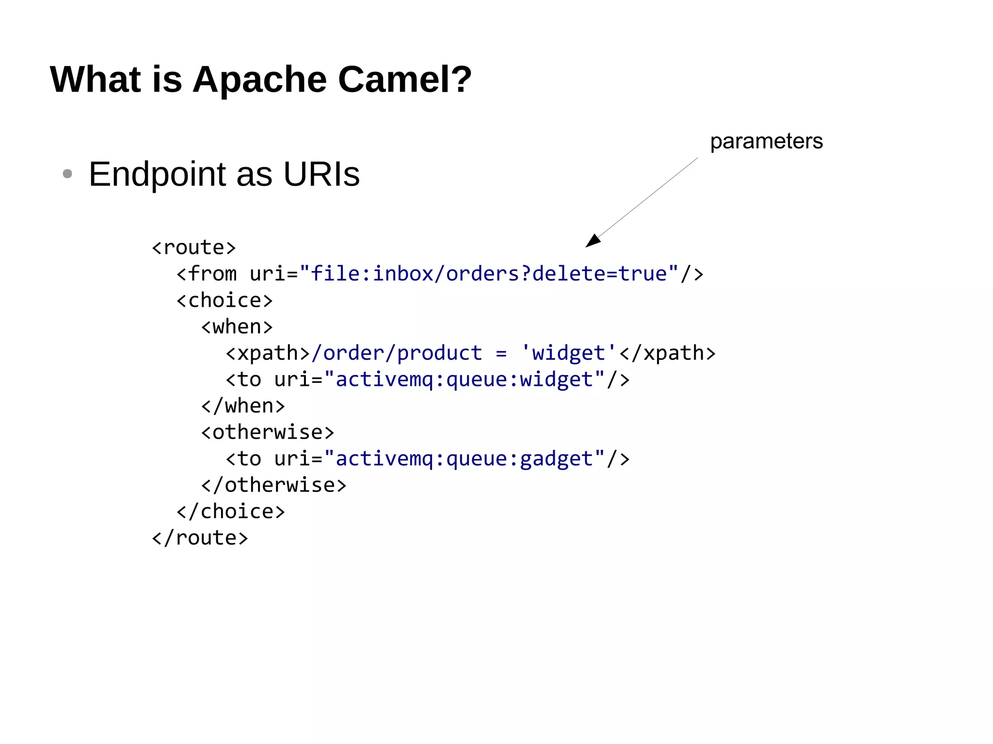 What is Apache Camel?
● Endpoint as URIs
<route>
<from uri="file:inbox/orders?delete=true"/>
<choice>
<when>
<xpath>/order/product = 'widget'</xpath>
<to uri="activemq:queue:widget"/>
</when>
<otherwise>
<to uri="activemq:queue:gadget"/>
</otherwise>
</choice>
</route>
parameters
 