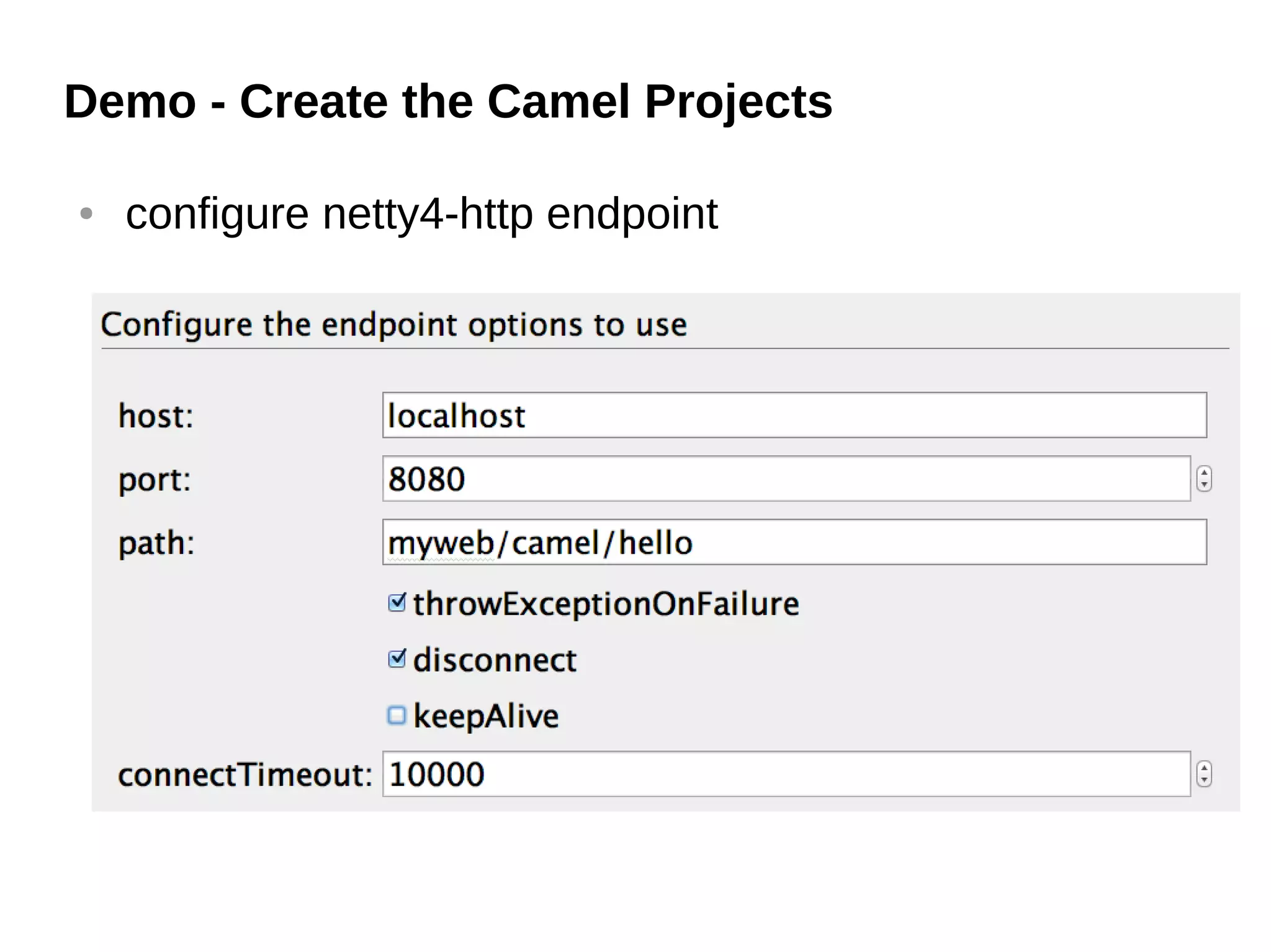 Demo - Create the Camel Projects
● configure netty4-http endpoint
 