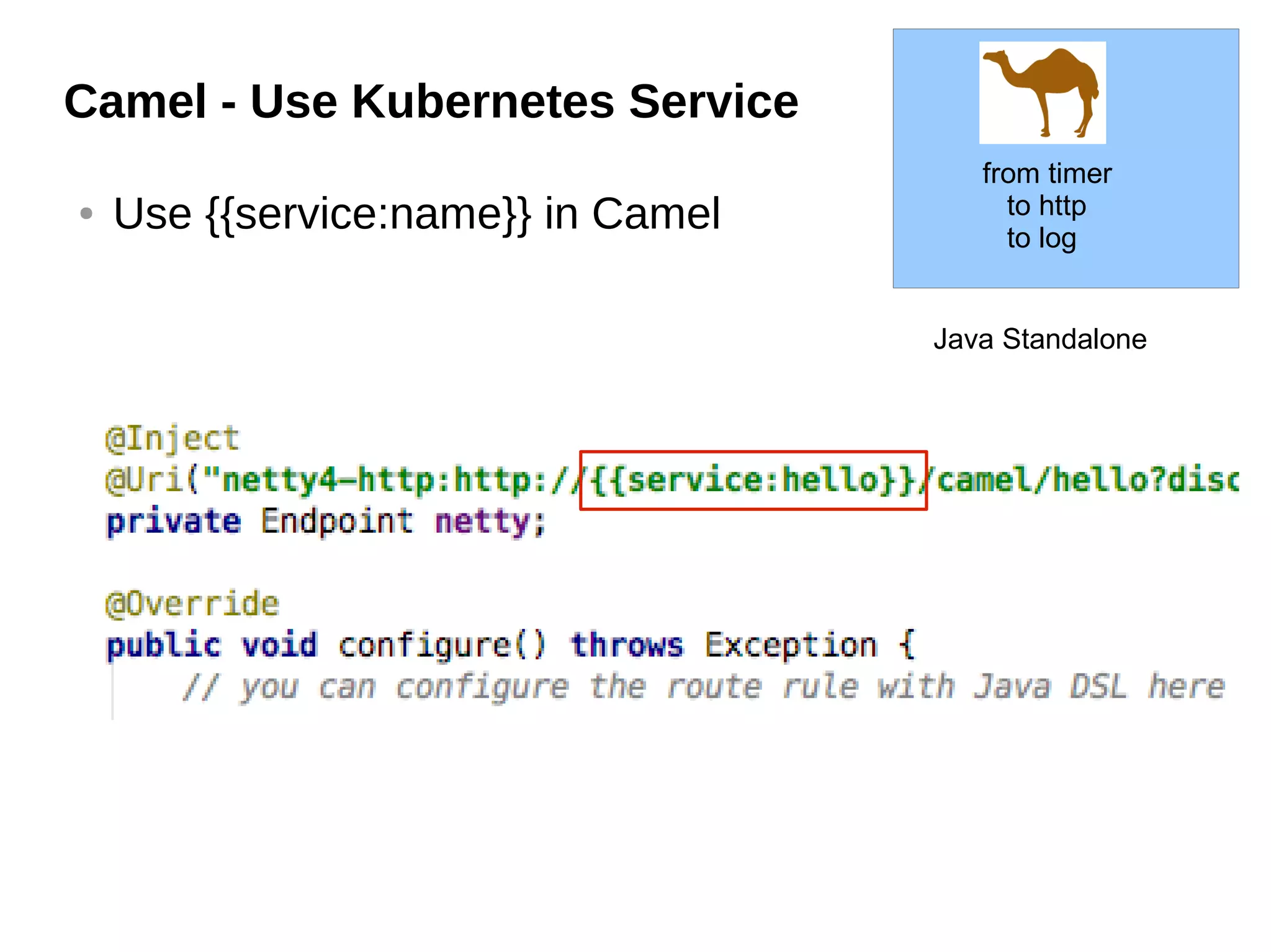 Camel - Use Kubernetes Service
● Use {{service:name}} in Camel
Java Standalone
from timer
to http
to log
 