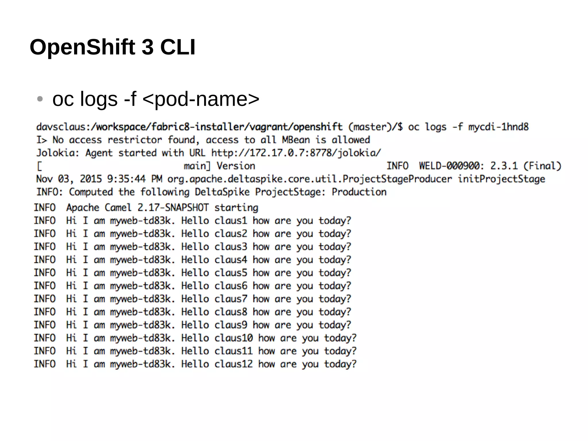 OpenShift 3 CLI
● oc logs -f <pod-name>
 