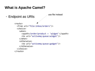 What is Apache Camel?
● Endpoint as URIs
<route>
<from uri="file:inbox/orders"/>
<choice>
<when>
<xpath>/order/product = 'widget'</xpath>
<to uri="activemq:queue:widget"/>
</when>
<otherwise>
<to uri="activemq:queue:gadget"/>
</otherwise>
</choice>
</route>
use file instead
 