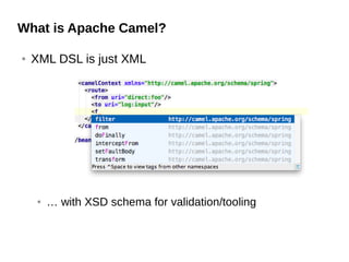 What is Apache Camel?
● XML DSL is just XML
● … with XSD schema for validation/tooling
 