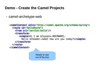 Demo - Create the Camel Projects
● camel-archetype-web
Ready to use
out of the box
 