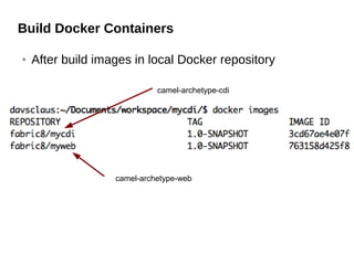 Build Docker Containers
● After build images in local Docker repository
camel-archetype-cdi
camel-archetype-web
 