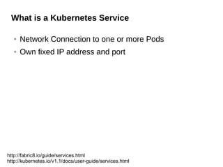 What is a Kubernetes Service
● Network Connection to one or more Pods
● Own fixed IP address and port
http://fabric8.io/guide/services.html
http://kubernetes.io/v1.1/docs/user-guide/services.html
 