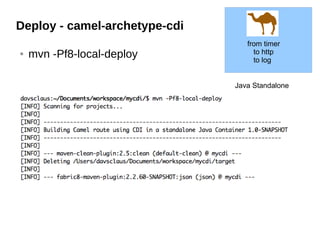 Deploy - camel-archetype-cdi
● mvn -Pf8-local-deploy
Java Standalone
from timer
to http
to log
 