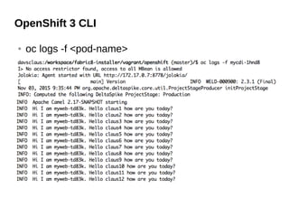 OpenShift 3 CLI
● oc logs -f <pod-name>
 