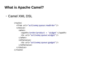 What is Apache Camel?
● Camel XML DSL
<route>
<from uri="activemq:queue:newOrder"/>
<choice>
<when>
<xpath>/order/product ...