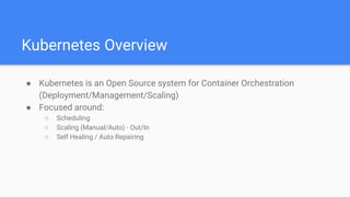 Kubernetes Overview
● Kubernetes is an Open Source system for Container Orchestration
(Deployment/Management/Scaling)
● Focused around:
○ Scheduling
○ Scaling (Manual/Auto) - Out/In
○ Self Healing / Auto Repairing
 