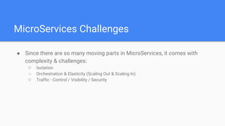 MicroServices Challenges
● Since there are so many moving parts in MicroServices, it comes with
complexity & challenges:
○ Isolation
○ Orchestration & Elasticity (Scaling Out & Scaling In)
○ Traffic - Control / Visibility / Security
 