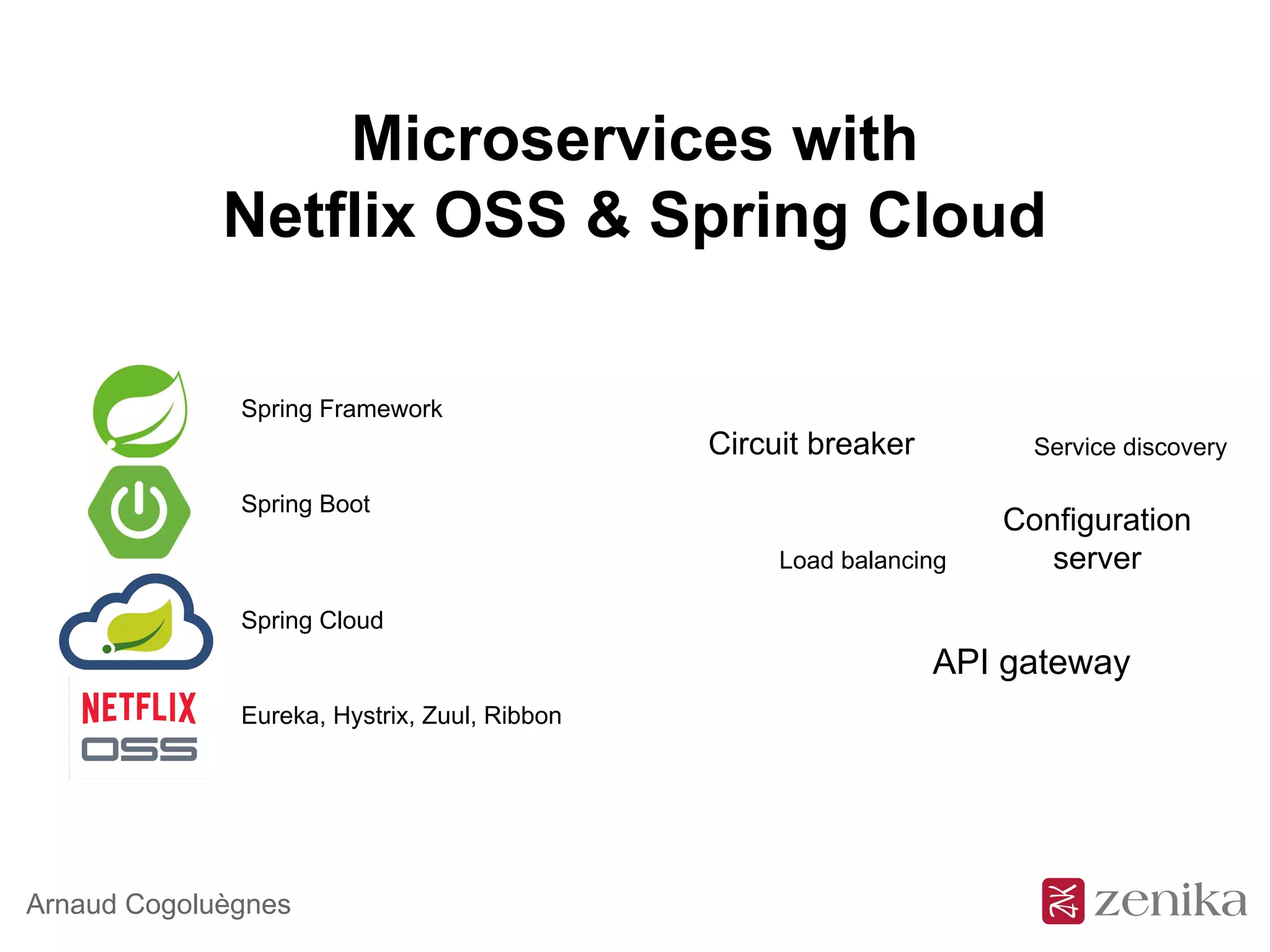 Microservices with
Netflix OSS & Spring Cloud
Arnaud Cogoluègnes
Spring Framework
Spring Boot
Spring Cloud
Eureka, Hystrix, Zuul, Ribbon
Service discoveryCircuit breaker
Load balancing
API gateway
Configuration
server
 
