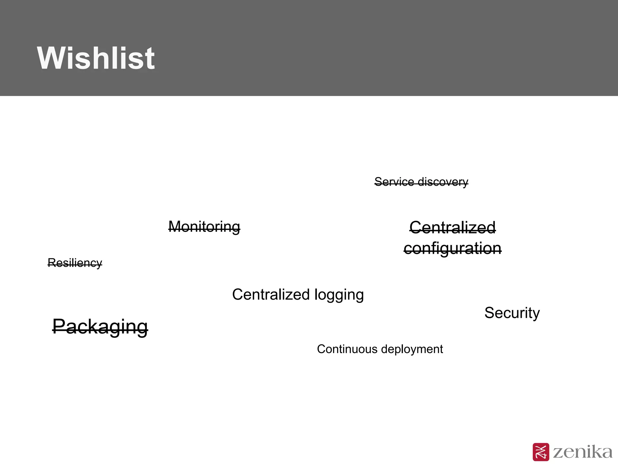 Wishlist
Packaging
Security
Service discovery
Monitoring
Continuous deployment
Resiliency
Centralized logging
Centralized
configuration
 
