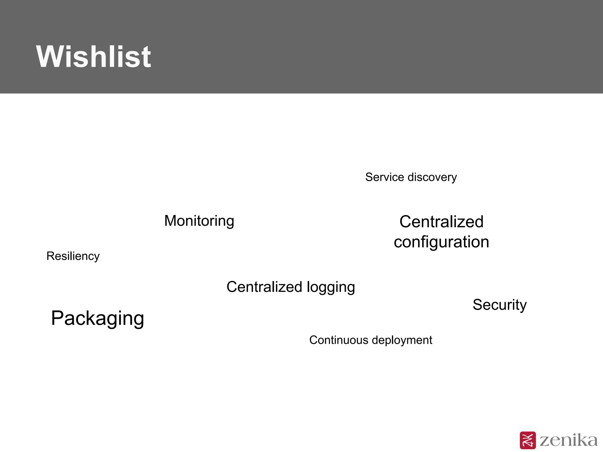 Wishlist
Packaging
Security
Service discovery
Monitoring
Continuous deployment
Resiliency
Centralized logging
Centralized
configuration
 