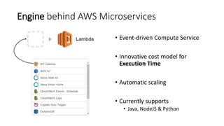 Engine behind AWS Microservices
• Event-driven Compute Service
• Innovative cost model for
Execution Time
• Automatic scaling
• Currently supports
• Java, NodeJS & Python
 