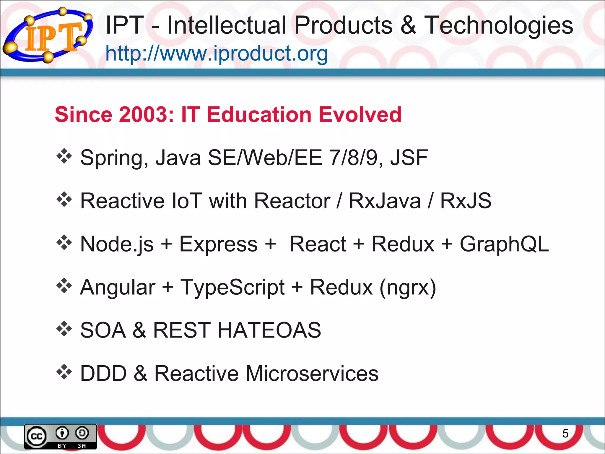 5
Since 2003: IT Education Evolved
 Spring, Java SE/Web/EE 7/8/9, JSF
 Reactive IoT with Reactor / RxJava / RxJS
 Node.js + Express + React + Redux + GraphQL
 Angular + TypeScript + Redux (ngrx)
 SOA & REST HATEOAS
 DDD & Reactive Microservices
IPT - Intellectual Products & Technologies
http://www.iproduct.org
 