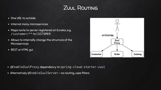 Zuul Routing
One URL to outside
Internal many microservices
Maps route to server registered on Eureka, e.g.
/customer/**to...