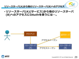 29Copyright©2016 NTT corp. All Rights Reserved.
• リソースサーバ(A)(サービス)から他のリソースサーバ
(B)へのアクセスにOAuthを使うには…。
リソースサーバ(A)から他のリソースサーバ(B)へのアクセス
クライアント
リソースサーバ
(B)
リソースサーバ
(A)
アクセストークン
アクセストークン
認可サーバ
 