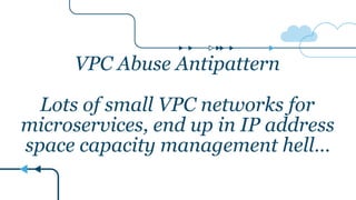 VPC Abuse Antipattern
Lots of small VPC networks for
microservices, end up in IP address
space capacity management hell…
 