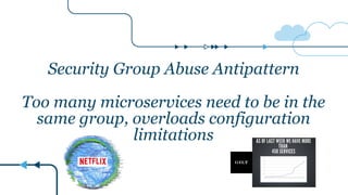 Security Group Abuse Antipattern
Too many microservices need to be in the
same group, overloads configuration
limitations
 