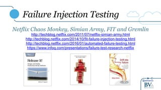 @adrianco
Failure Injection Testing
Netflix Chaos Monkey, Simian Army, FIT and Gremlin
http://techblog.netflix.com/2011/07/netflix-simian-army.html
http://techblog.netflix.com/2014/10/fit-failure-injection-testing.html
http://techblog.netflix.com/2016/01/automated-failure-testing.html
https://www.infoq.com/presentations/failure-test-research-netflix
 