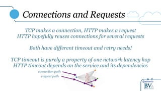 @adrianco
Connections and Requests
TCP makes a connection, HTTP makes a request
HTTP hopefully reuses connections for several requests
Both have different timeout and retry needs!
TCP timeout is purely a property of one network latency hop
HTTP timeout depends on the service and its dependencies
connection path
request path
 