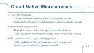 Cloud Native Microservices
● High rate of change
Code pushes can cause floods of new instances and metrics
Short baseline for alert threshold analysis – everything looks unusual
● Ephemeral Configurations
Short lifetimes make it hard to aggregate historical views
Hand tweaked monitoring tools take too much work to keep running
● Microservices with complex calling patterns
End-to-end request flow measurements are very important
Request flow visualizations get overwhelmed
 