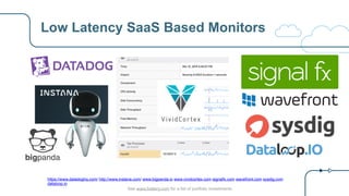 Low Latency SaaS Based Monitors
https://www.datadoghq.com/ http://www.instana.com/ www.bigpanda.io www.vividcortex.com signalfx.com wavefront.com sysdig.com
dataloop.io
See www.battery.com for a list of portfolio investments
 
