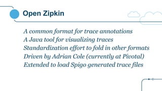 Open Zipkin
A common format for trace annotations
A Java tool for visualizing traces
Standardization effort to fold in other formats
Driven by Adrian Cole (currently at Pivotal)
Extended to load Spigo generated trace files
 