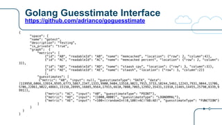 Golang Guesstimate Interface
https://github.com/adrianco/goguesstimate
{
"space": {
"name": "gotest",
"description": "Testing",
"is_private": "true",
"graph": {
"metrics": [
{"id": "AB", "readableId": "AB", "name": "memcached", "location": {"row": 2, "column":4}},
{"id": "AC", "readableId": "AC", "name": "memcached percent", "location": {"row": 2, "column":
3}},
{"id": "AD", "readableId": "AD", "name": "staash cpu", "location": {"row": 3, "column":3}},
{"id": "AE", "readableId": "AE", "name": "staash", "location": {"row": 3, "column":2}}
],
"guesstimates": [
{"metric": "AB", "input": null, "guesstimateType": "DATA", "data":
[119958,6066,13914,9595,6773,5867,2347,1333,9900,9404,13518,9021,7915,3733,10244,5461,12243,7931,9044,11706,
5706,22861,9022,48661,15158,28995,16885,9564,17915,6610,7080,7065,12992,35431,11910,11465,14455,25790,8339,9
991]},
{"metric": "AC", "input": "40", "guesstimateType": "POINT"},
{"metric": "AD", "input": "[1000,4000]", "guesstimateType": "LOGNORMAL"},
{"metric": "AE", "input": "=100+((randomInt(0,100)>AC)?AB:AD)", "guesstimateType": "FUNCTION"}
]
}
}
}
 