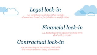 e.g. compliance with laws that exclude
alternatives based on jurisdiction or certification
Contractual lock-in
e.g. partne...