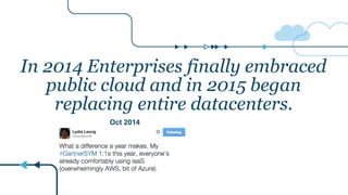 In 2014 Enterprises finally embraced
public cloud and in 2015 began
replacing entire datacenters.
Oct 2014
 